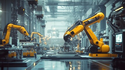 Fototapeta premium A futuristic factory setting where engineers use advanced computers