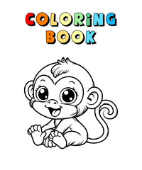 Cute Monkey Cartoon , Wildlife Animal Coloring Page , Animal Coloring Book for Children , Vector Illustration