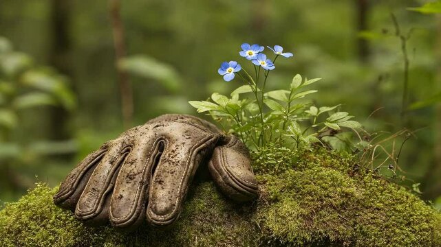 A muddy leather glove rests on a patch of moss in a forest