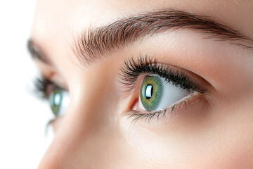 Obraz premium Macro photography showcasing a woman's eyes with green contact lenses and long, dark eyelashes