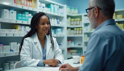 Pharmacist assisting elderly customer with prescription in pharmacy for healthcare guidance, medication support, and professional service. Trust, wellness, and customer care