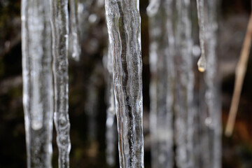 vista macro di piccole stalattiti di ghiaccio formatesi dallo scioglimento della neve lungo il...