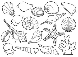 Hand drawn sea shells set with doodle style. line art sea shell background vector illustration.