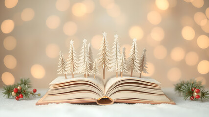 Minimal abstract creative New Year scene with Christmas tree made of books, isolated on pastel beige background. Xmas greeting or gift card. Education concept.