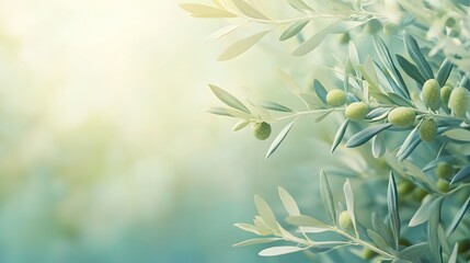 Olive tree branch with unripe green olives and silvery leaves, captured in soft morning light with bokeh background in Mediterranean nature setting.