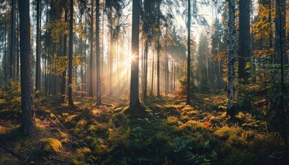 Golden Sunlight Filtering Through Tall Trees in a Misty Forest