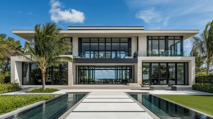 Fototapeta premium Modern House with Spacious Terrace and Palm Trees