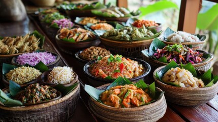 A tempting array of colorful Isan food, plated artistically,