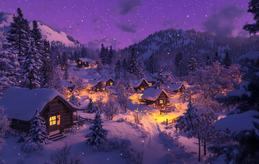  Magical Snowy Village Illuminated Under a Starry Purple Winter Sky