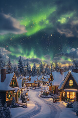 A magical winter village scene under the enchanting glow of the northern lights. Cozy, snow-covered cottages line a winding path illuminated by warm lights, creating a serene and festive