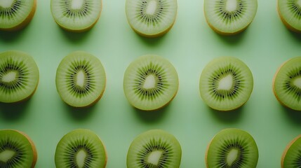 Fototapeta premium Sliced kiwi fruit arranged in geometric pattern on mint green background, showcasing vibrant tropical fruit segments in minimalist flat lay composition.