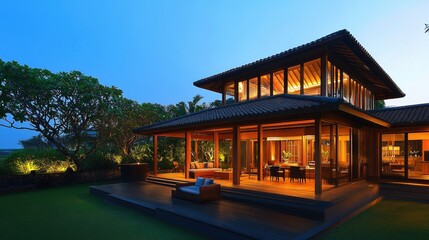 Obraz premium Stylish Cozy Wooden House with Two Levels at Dusk