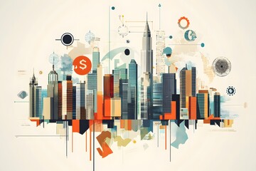 Abstract Cityscape with Geometric Shapes and Financial Symbols