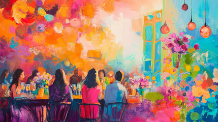 A vibrant gathering of friends enjoying a lively dinner surrounded by colorful decor in a warm, inviting atmosphere