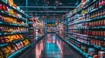 Aisle of a brightly lit supermarket with stocked shelves