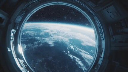 Space station window view featuring Earth horizon through circular porthole, showing cosmic atmosphere with stars and glowing planet surface in futuristic setting.