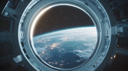 Space station window view featuring Earth horizon through circular porthole, showing cosmic atmosphere with stars and glowing planet surface in futuristic setting.