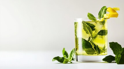 Bright herbal beverage in a floating glass, with a twist of lemon