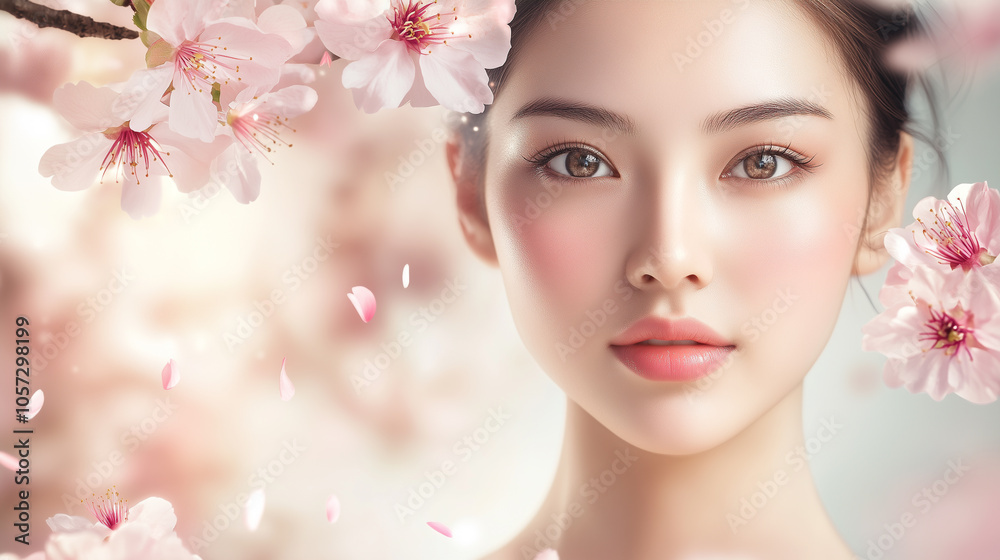 Aufkleber 美肌の若くて可愛いアジア人女性の美容ポートレート。ピンク色の綺麗な桜に囲まれたビューティーショット。