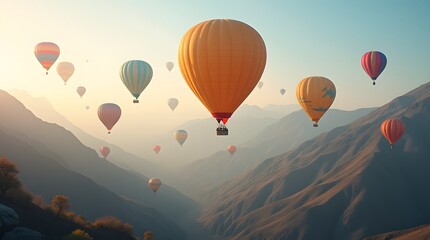 Flight in a hot air balloon with a panoramic view of the mountains. Many multi-colored balloons fly in the sky at dawn among the high mountains. Hot air balloon flight in the mountains.