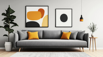 Modern living room interior with a gray sofa, two orange pillows, abstract wall art, a potted plant, a pendant lamp, and a small wooden side table with a vase.