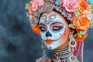 Beautiful Catrina with rhinestones in orange and pink colors