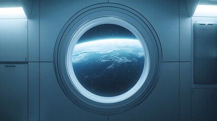 Space station window view featuring Earth horizon through circular porthole, showing cosmic atmosphere with stars and glowing planet surface in futuristic setting.