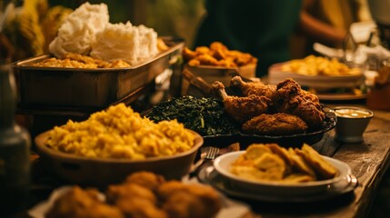 Soul Food Catering with Southern Classics : Southern food setup with fried chicken, collard greens, and cornbread