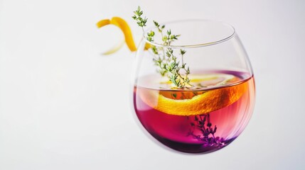 Colorful herbal drink in a floating glass, with a twist of lemon peel,
