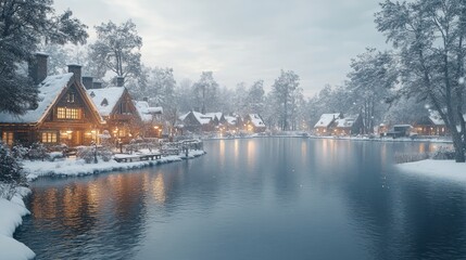 Fototapeta premium Serene winter landscape with cozy cabins by a frozen lake.