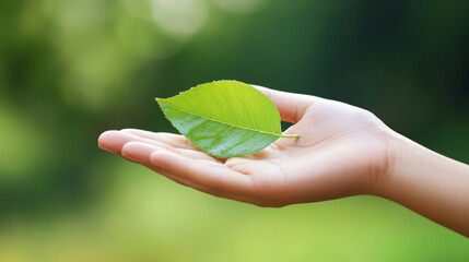 A hand holds a vibrant green leaf against a blurred natural backdrop in soft daylight