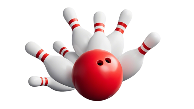 Striking Red Bowling Ball Surrounded by Pins in Mid-Air on Transparent Background PNG....