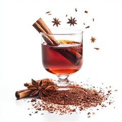 Deep red rooibos tea in a glass, levitating with star anise