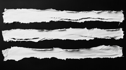 Black-and-white photograph featuring five horizontal strips of torn white paper against a solid black background