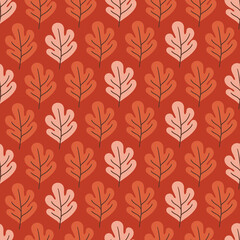 Autumn seamless pattern with oak leaves on orange background. Perfect for seasonal greetings, wallpaper, wrapping paper, fabric. Vector illustration