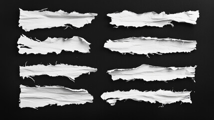 Black-and-white photograph featuring five horizontal strips of torn white paper against a solid black background