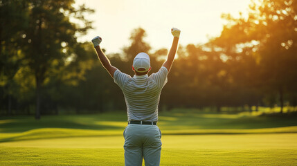 Enthusiastic golfer celebrates a spectacular hole-in-one during an afternoon match on a sunny golf course