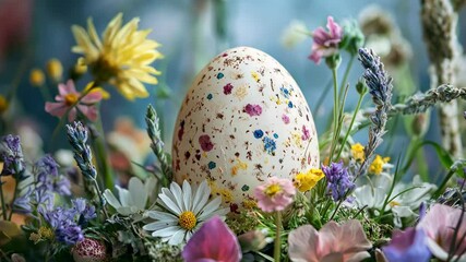 A white egg decorated with pressed flowers sits nestled among a bed of lavender and daisies - Powered by Adobe