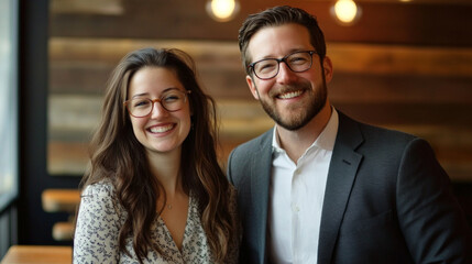 Engaged couple smiling happily together in a modern café setting during the afternoon, sharing a joyful moment of love and connection