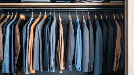 A well-organized closet featuring a variety of suits arranged by color and style in a modern wardrobe setting