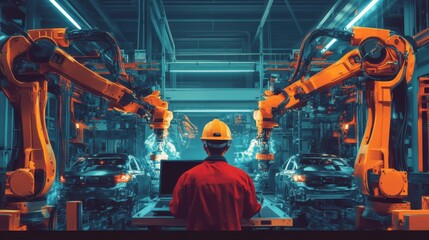 Engineer with a laptop overseeing robotic arms assembling cars