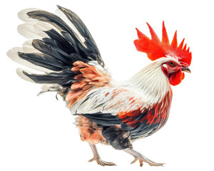 Fototapeta premium vibrant rooster with striking plumage and prominent comb, showcasing its colorful feathers and proud stance. This majestic bird symbolizes farm life and nature beauty