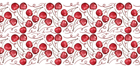 Watercolor seamless border with berries and cherry twigs