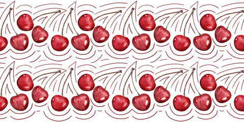 Watercolor seamless border with berries and cherry twigs