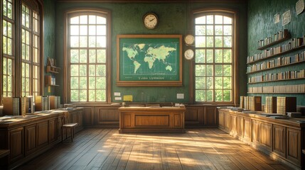 A vintage classroom with wooden furniture and a world map.