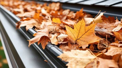 Close-up of autumn leaves accumulated in a roof gutter, highlighting seasonal maintenance needs and fall foliage.