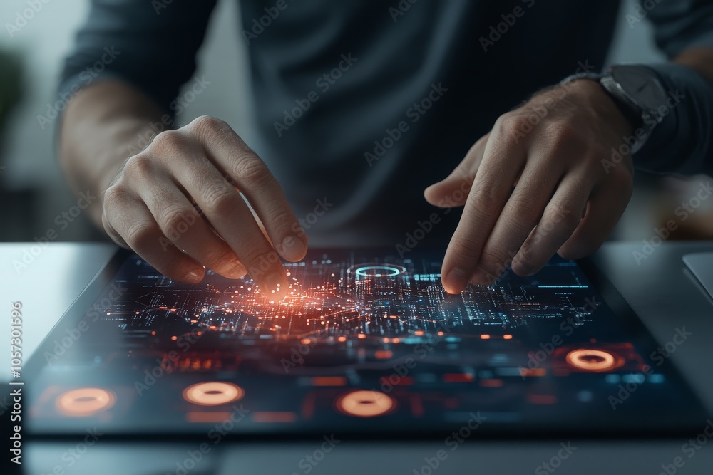 Poster hands engaging with high-tech, interactive digital interface simulating immersive virtual environmen