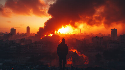 Fototapeta premium Arabic man standing and watching the destroying refugee Camp, fire and black smoke, low angle , wide shot , sunset