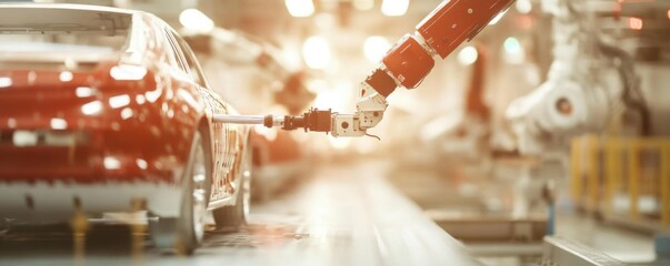 Obraz premium Robotic arms painting car bodies in an automotive production line, automated car painting, robotic precision