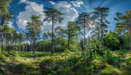 Obraz premium Sunbeams Filtering Through a Dense Pine Forest